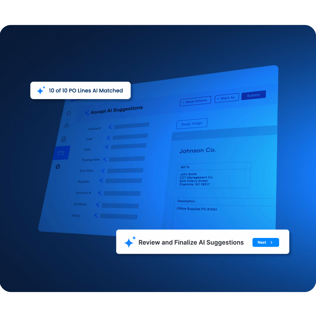 AvidXchange invoice screen showing 10 of 10 purchase order lines matched by AI, with a prompt to review and finalize the suggestions